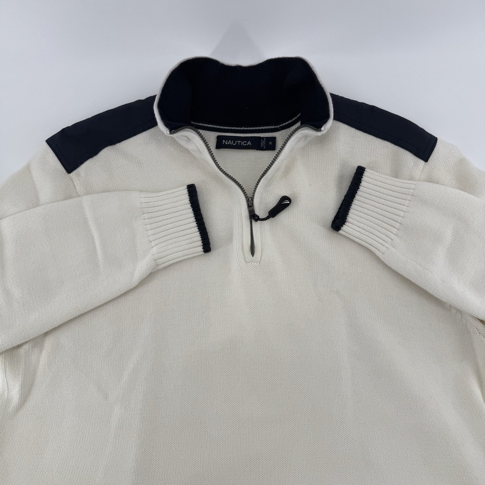 Nautica 1/4 Zip Beige With Blue/Black Shoulder Pullover Sweater Size Medium